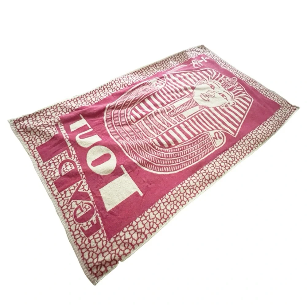 Vintage King Tut Egyptian Beach Towel Pink White Ankh Eye of Ra